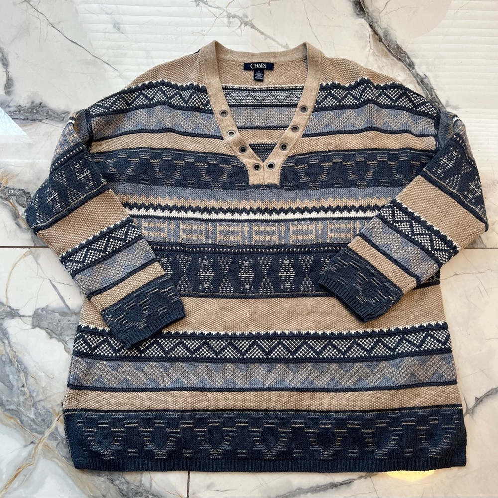 *flawed item- Chaps Women’s Beige and Navy Western V neck Sweater M